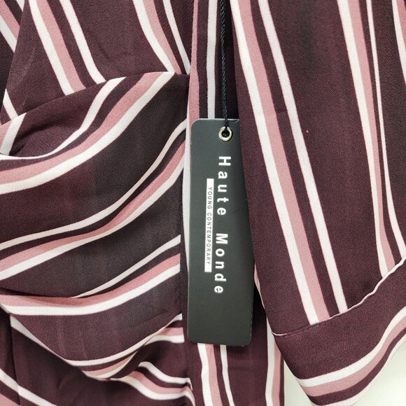Haute Monde Womens Striped Burgundy Pink Tie Front Blouse Top 3/4 Sleeves Size M - Picture 4 of 10